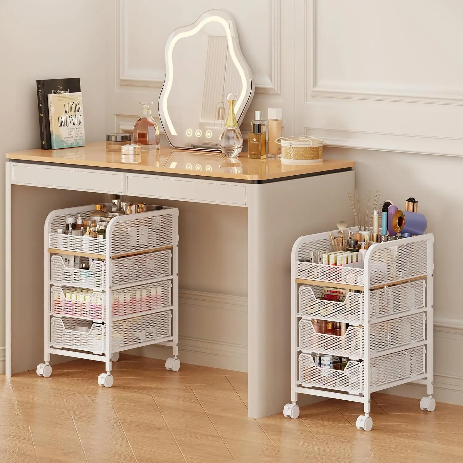 Rolling Makeup Cart Organizer with 3 Drawers, 4-Tier Narrow Floor Skincare Organizers with dividers,  Organizer  Display Cases for Makeup Brush, Hair Tool, White