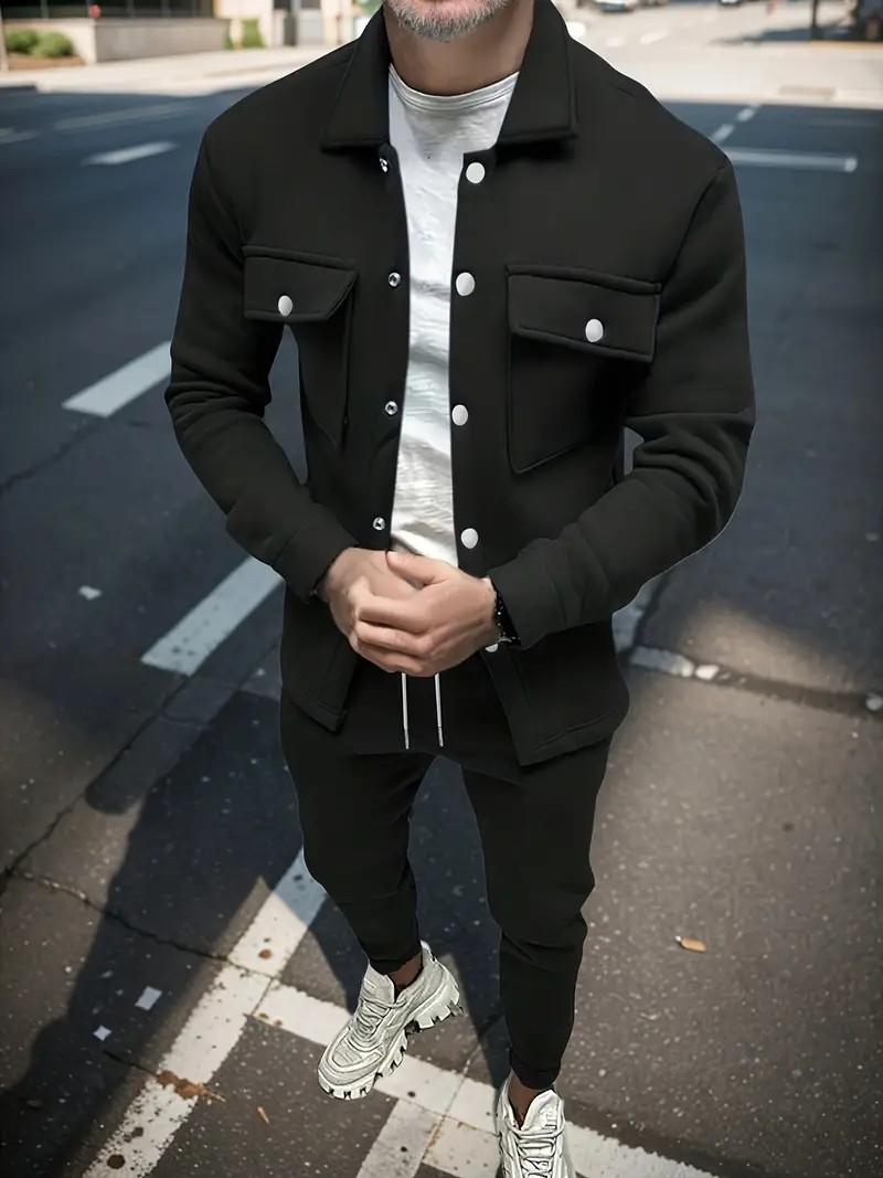Men's Fashion Solid Color Pocket Open Button Collar Jacket and Solid Color Tethered Pants Set