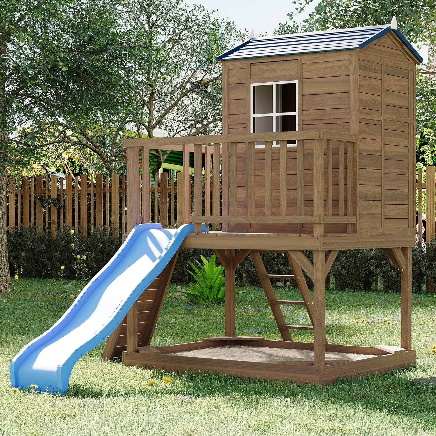 Outdoor Wooden Playhouse with Step Ladder, 2 Story Wooden Playhouse with Slide, Elevated Modern Cedar Playhouses Kids with Sandbox