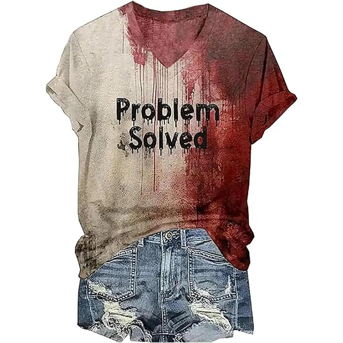 I'm Fine Bloody Shirt Women Problem Solved Bloody Halloween T Shirt Horror Blood Tee V-Neck Blood Splatter Tops