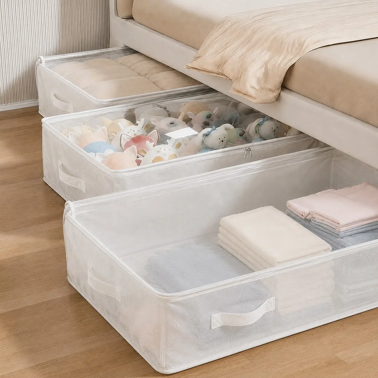 3PCS White Under Bed Wardrobe Storage Boxes and Organizers, Foldable Under Bed Storage Boxes, Collapsible Storage Boxes, Collapsible Containers, with Functions, for Blankets, Skirts, Quilts, Pillows, Clothes, Space-Saving