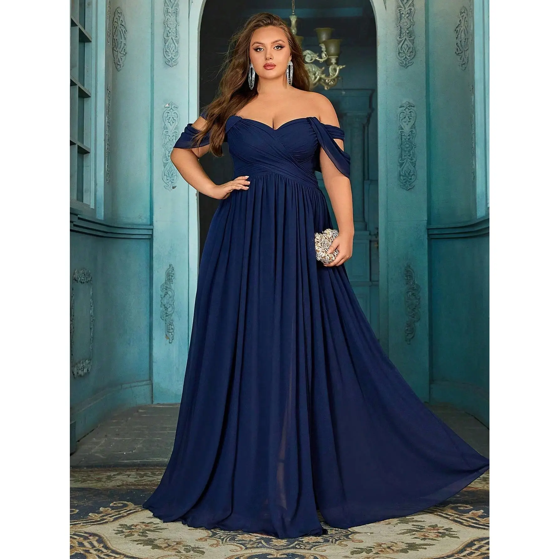 Plus Size Navy Blue Off Shoulder Chiffon Bridesmaid Dress| High Slit A-line Wedding Guest Gown
