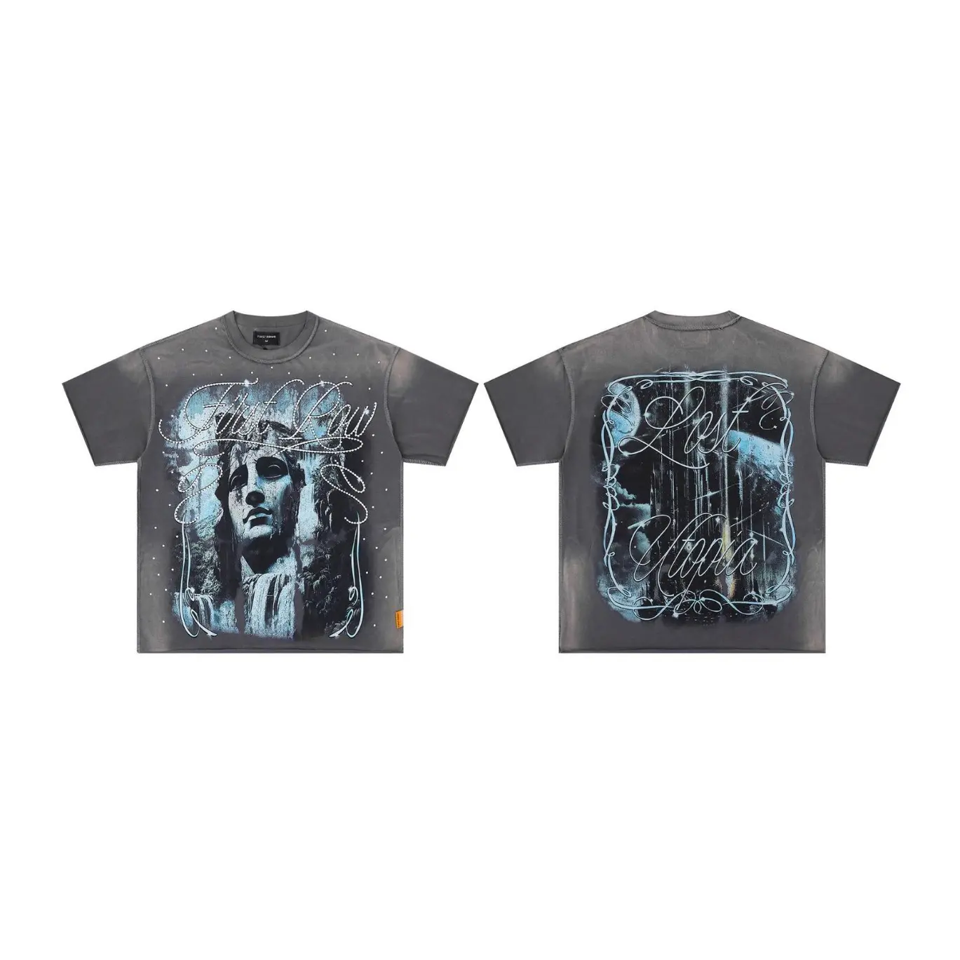 First Row Blue Statue Portrait Graphic T-Shirt Grey Washed Oversized Heavyweight Cotton Vintage 90s Grunge Y2K Streetwear Hip Hop Crewneck Summer Men Trendy Top