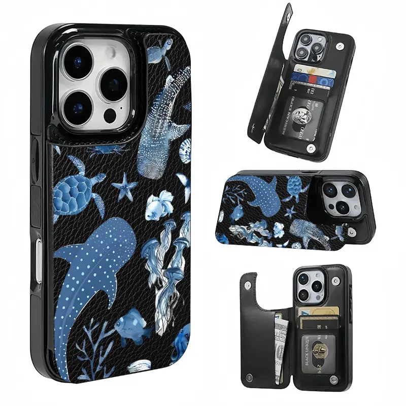 Watercolor Marine Life Blue Phone Case with Storage Slot for iPhone 17/16/15/14/13/12, Holds Bank/Transit Cards, Ideal Gift for Girls
