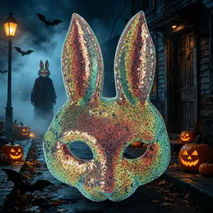 Iridescent Shimmer Sequin Hare Half Face Mask, Adjustable Elastic Strap, Dual-Use Halloween Easter Carnival Masquerade Prop