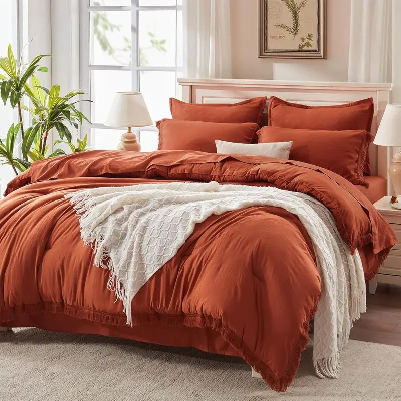 7-Pieces Boho Chic Duvets Oversized King Comforter Set - Polyester Decorative Bedding, Burnt Orange Fade-Resistant Complete Bedding, Soft Lightweight Fringe Design with Sheets & Pillowcases for Home Decor