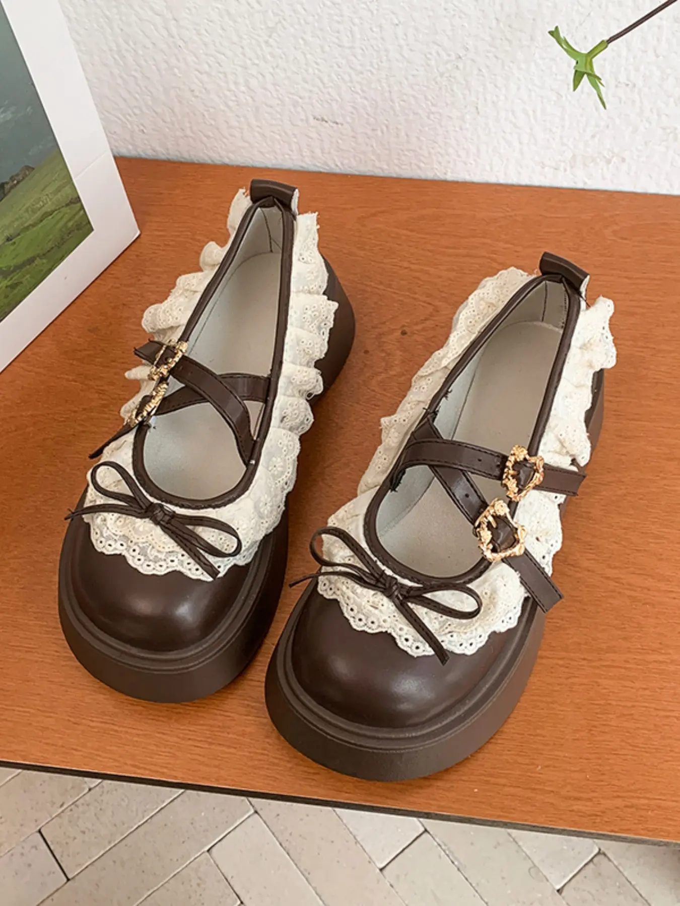 Japanese Style Cute Mary Jane Shoes for Women, PU Leather, Rubber, Wide Width, All Seasons, Formal Shoes, Butterfly Knot, Retro Round Toe