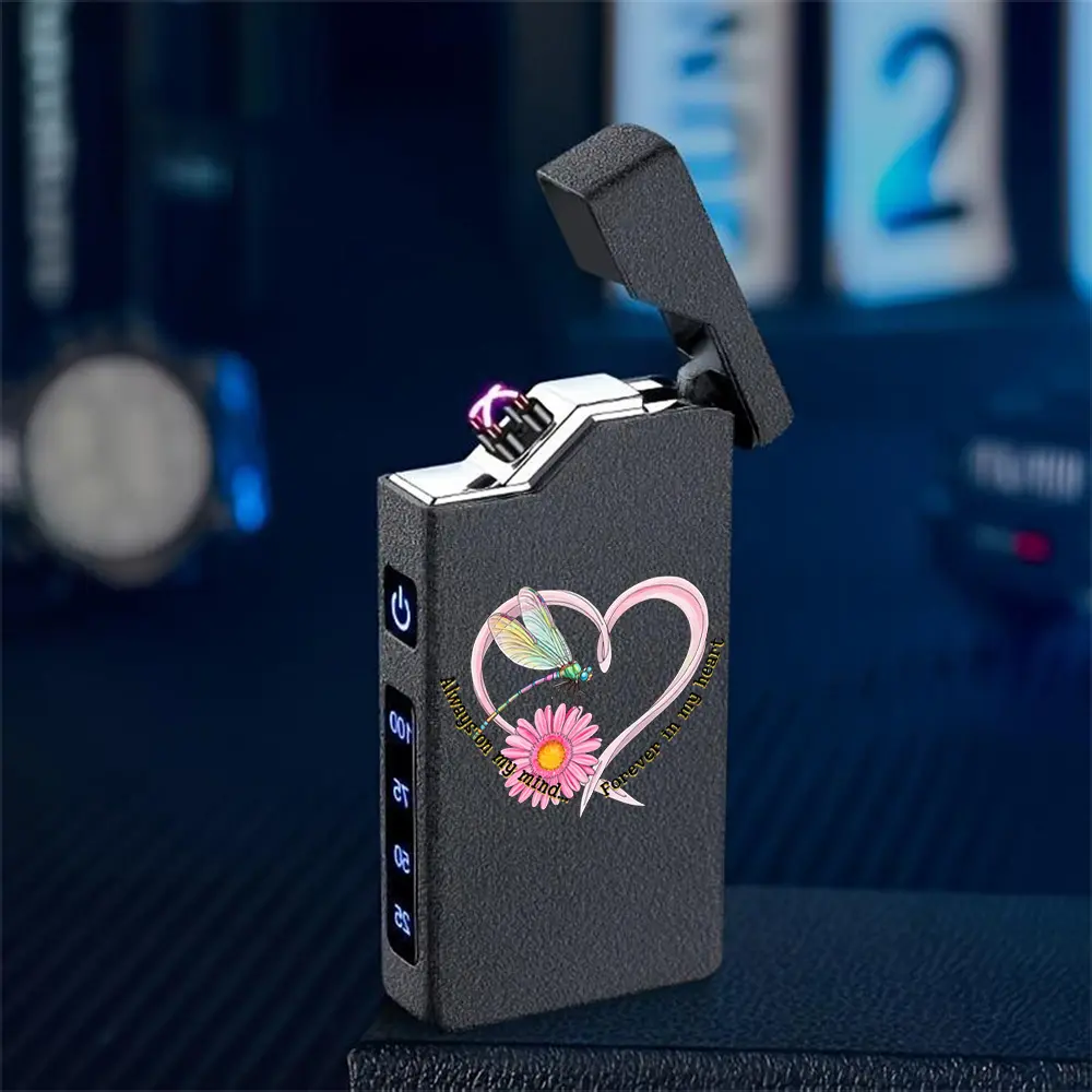 1 Windproof Arc Lighter with a Colorful Dragonfly Standing to a Pink Flower, Surrounded by a Heart-Shaped Pattern. Windproof Lighter, Windproof Arc Lighter, Type-C Charging Lighter, Metal Shell, Power Display, Double Arc, Gift Box Packaging