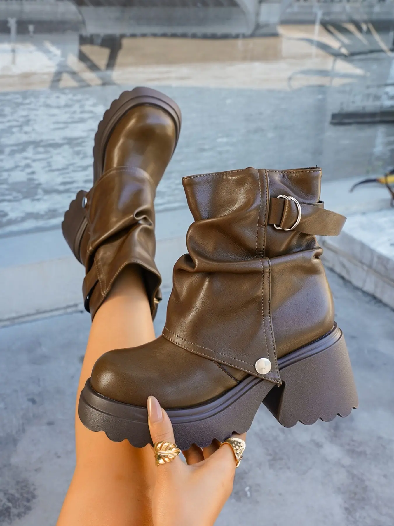 New Maroon Stack Boots for Women, Fashionable Boots, Chunky Heel Short Calf Boots, Irregular Pleats Street Style, Fall & Winter PU Leather Rubber Sole Boot Heels, Thick Heeled Boots
