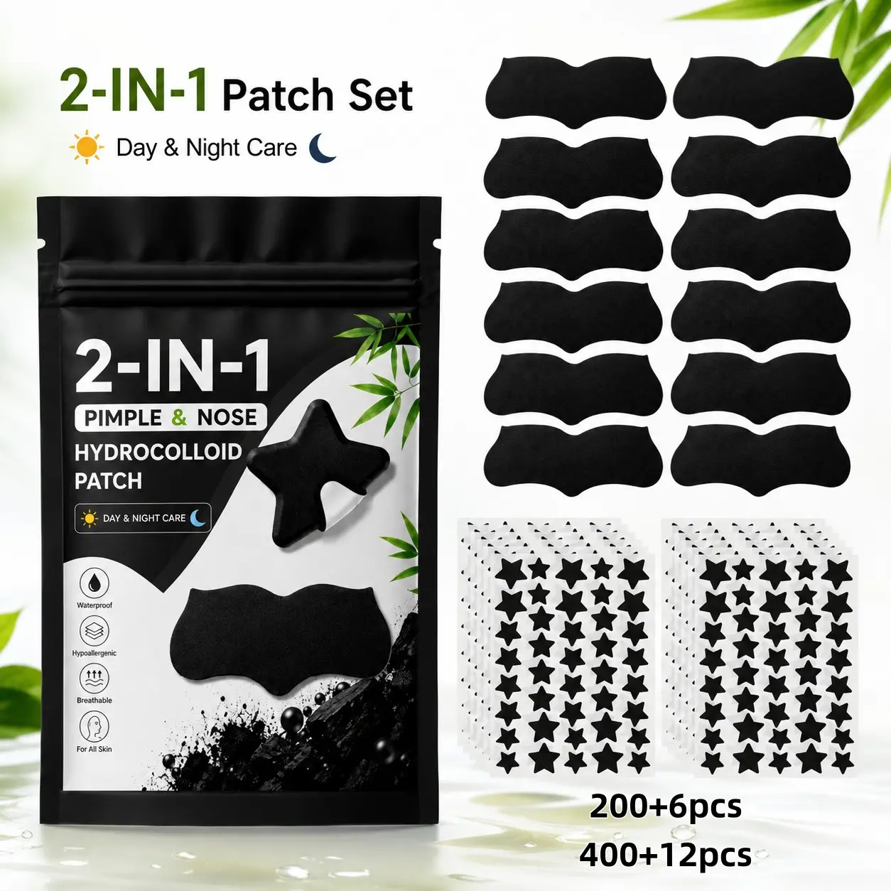 200+6Pcs/400+12Pcs Black Star Hydrocolloid Pimple Patch & Nose Strip 2-in-1 Set, Ultra-Thin Waterproof Breathable Day & Night Face Care Kit for Makeup Prep, Travel, School, Work, Parties, Festivals, Sleepovers and Holiday Gifts
