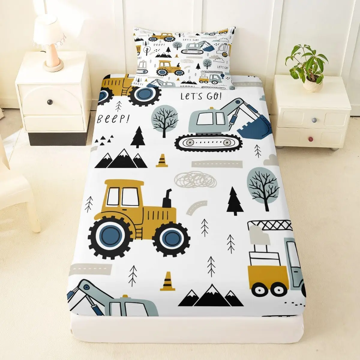 Cartoon Car Kids Fitted Sheet Construction Bed Sheet Set Decor Equipment Trucks Bedding Set Cartoon Car Excavator Tractor White Yellow Bed Cover Bedroom Cover 2Pcs Twin,No Top Sheet
