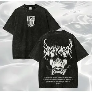 Attack On Titan Vintage Washed Tee Dual Side Print Survey Corps Wings Logo Front Eren Titan Back Metal Font Anime Casual Street Top