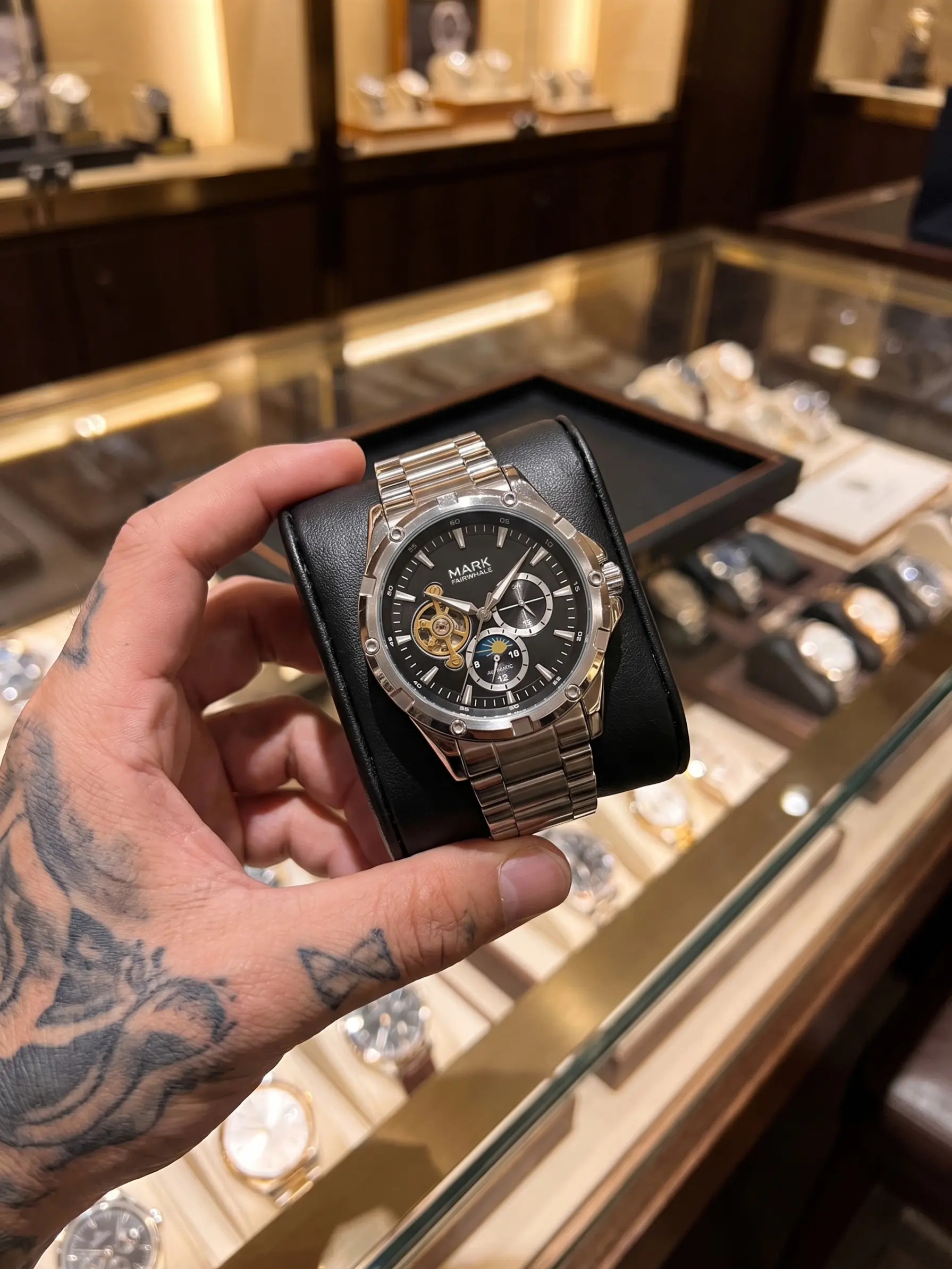 Mark Fairwahle Men's Automatic Mechanical Watch, Stainless Steel Wristwatch, Waterproof Luminescent Business Dual-Face Hollow Design, Fashionable and Elegant, Fw-6024