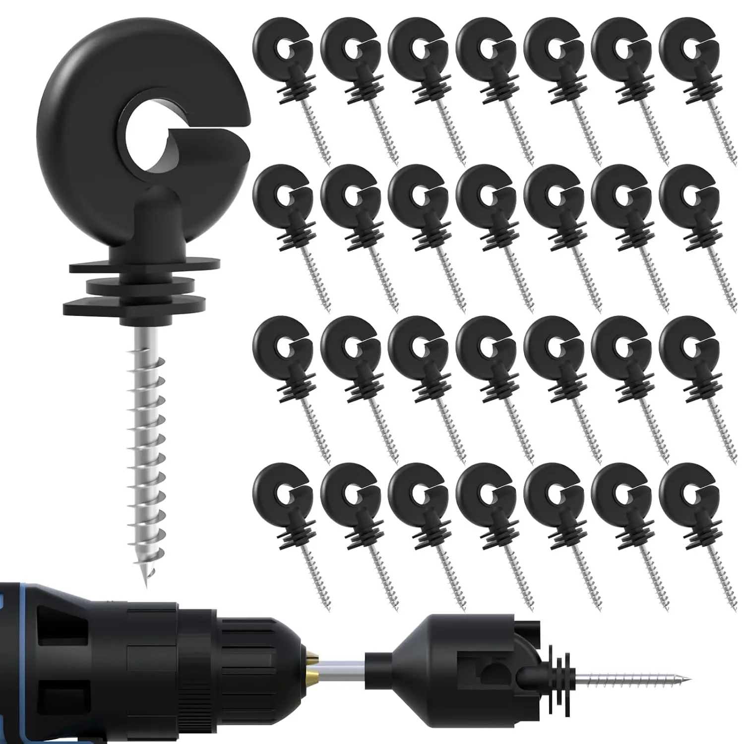 30 count Black Electric Fence Insulator Screw-in Insulator Fence Ring    Insulator and 1 count Free Insulator Socket Tool (Grid System Accessories for  Husbandry )