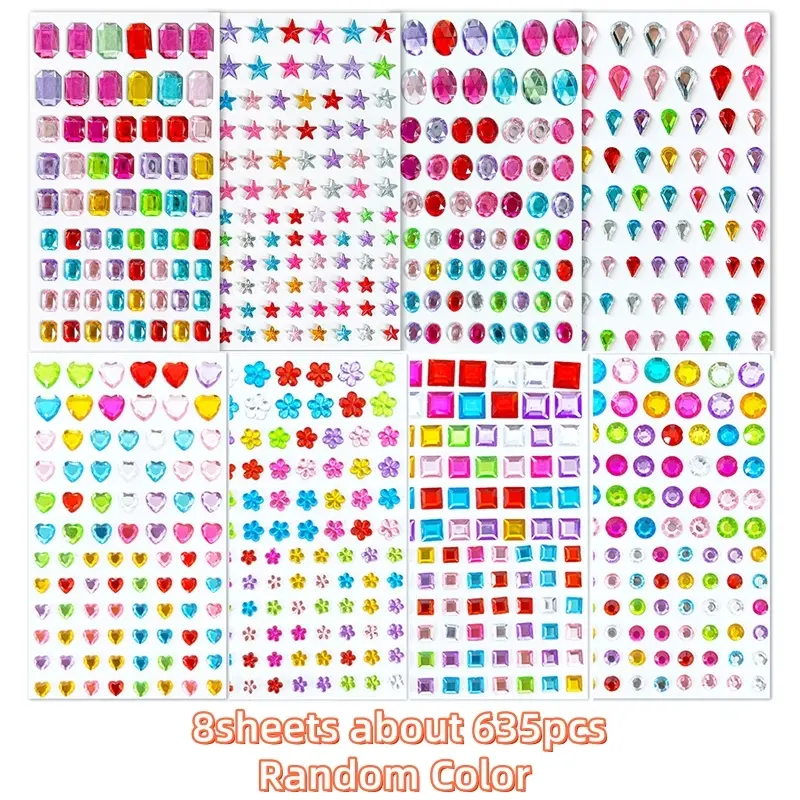 8 Sheets (Approx 635Pcs) Bling Self-Adhesive Rhinestone Gem Stickers, DIY Craft Jewel Stickers for Decorations