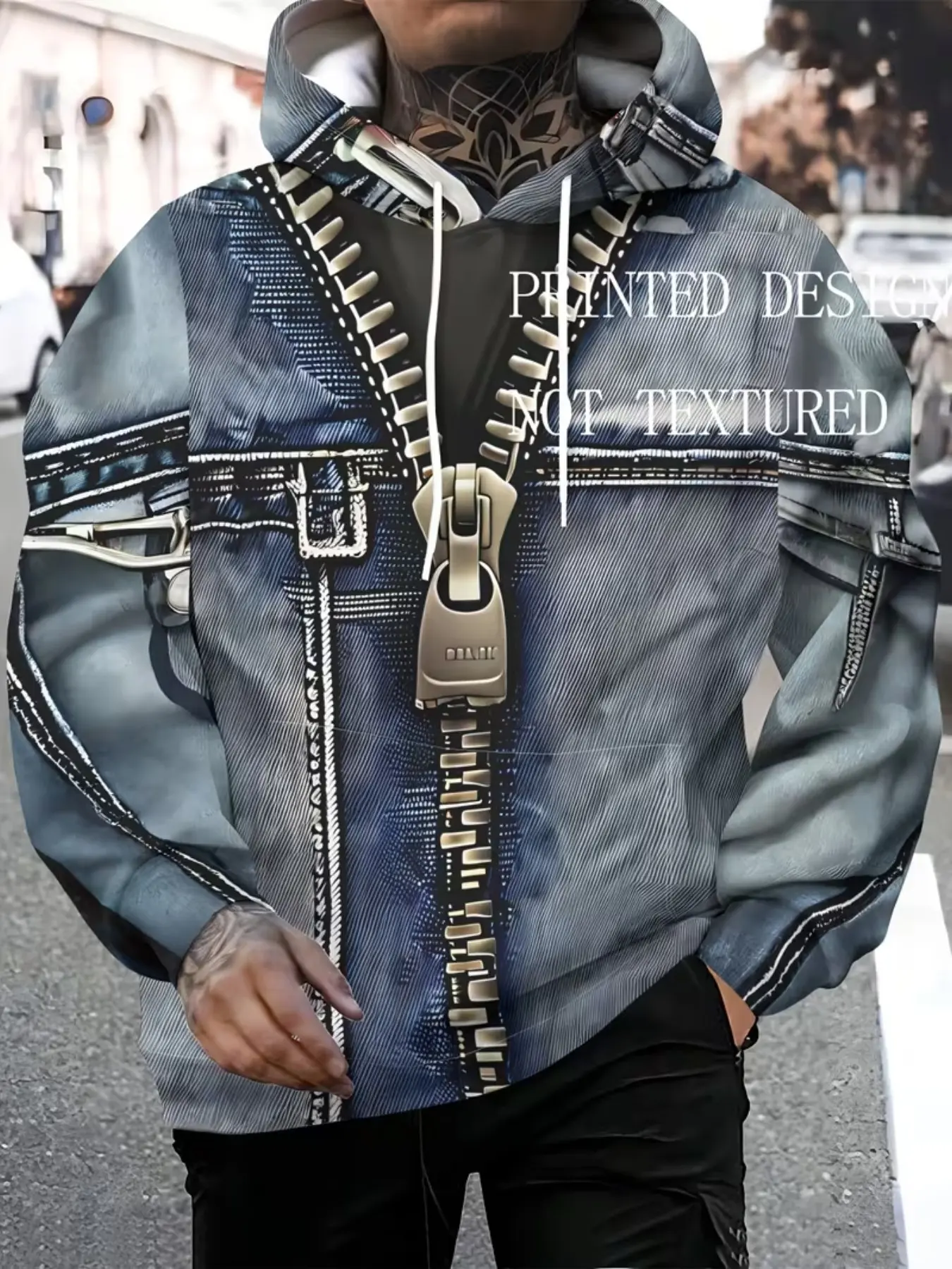 Men's Illusion Denim Jacket with Large Zipper, 3D Print Hoodie, Drawstring Fake Denim Outerwear, Casual Street Style Sweatshirt