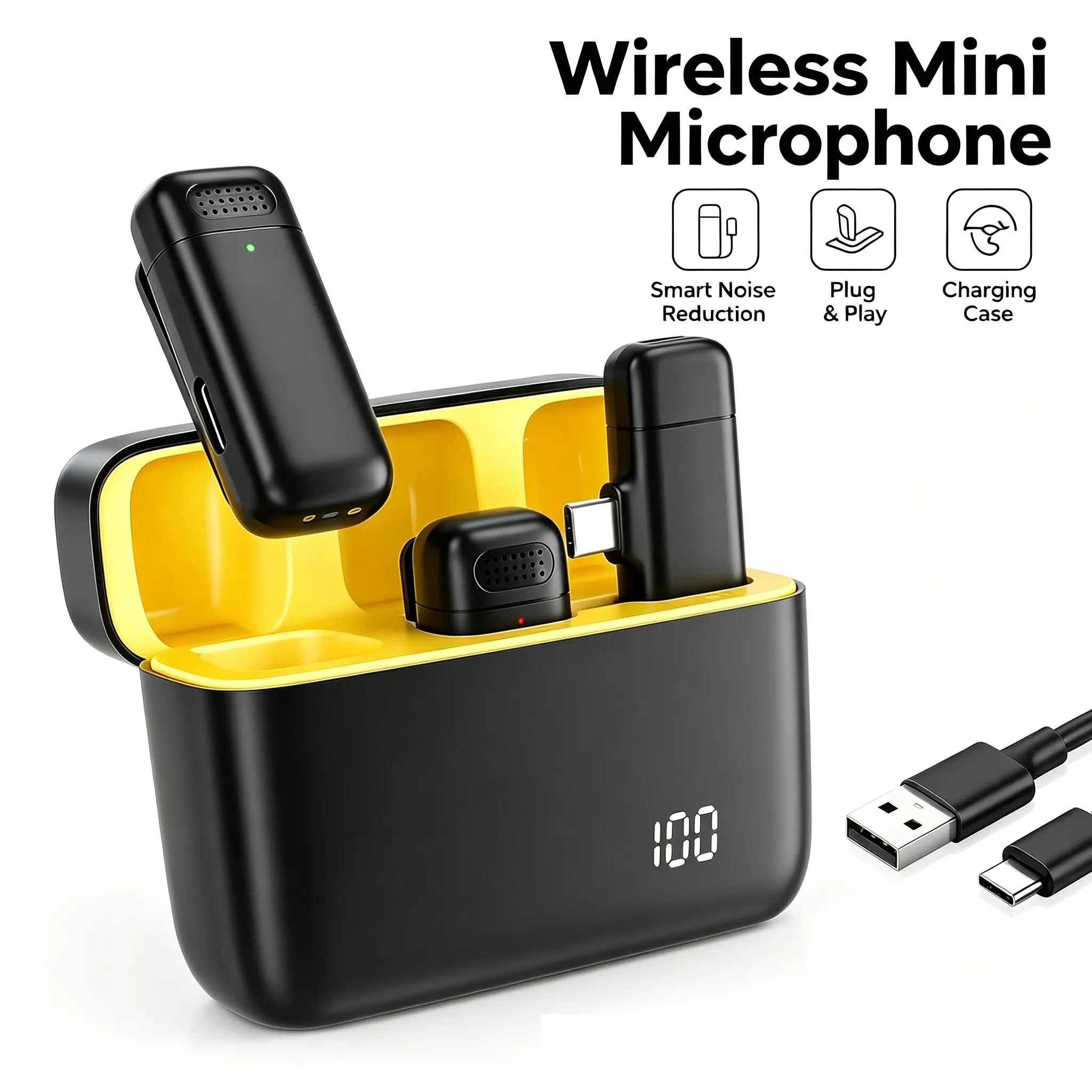 Wireless mini lavalier microphone, suitable for iOS/Android, intelligent noise reduction+automatic gain control, lightweight design, charging case provides 24-hour battery life, dedicated for Vlog/podcast/live streaming