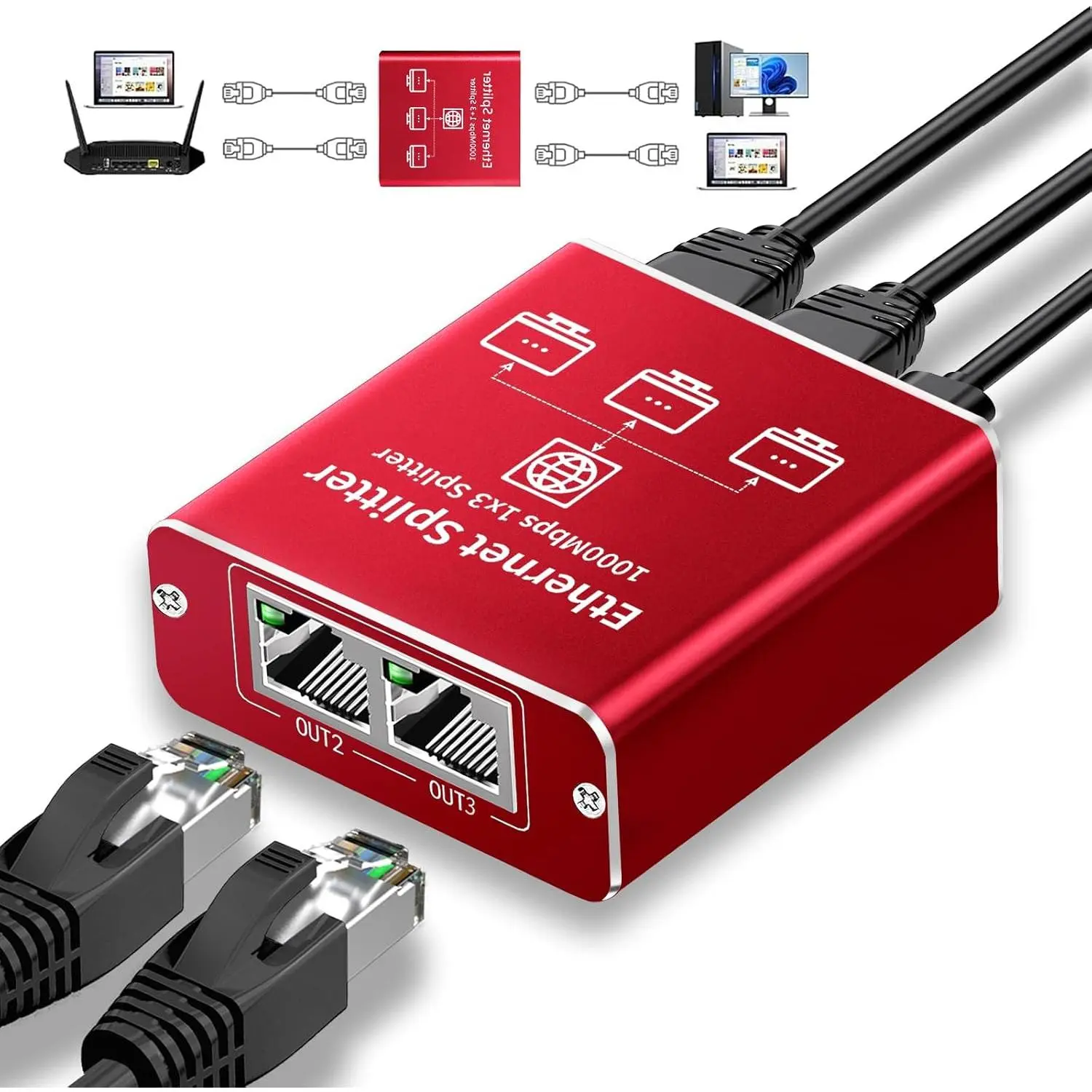 Compact 1-to-2 Gigabit Ethernet Splitter with Splitting Ports, 1000Mbps High-Speed LAN RJ45 Port Device for Cat5/5e/6/7/8 Cables, IEEE 802.3 Compliant, Plug-and-Play Network Component
