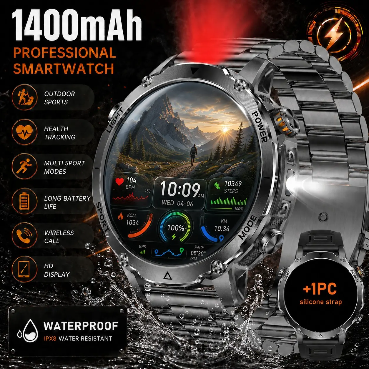 2026 new 1400mah large battery outdoor men's smart watch, wireless call with LED flashlight, rugged sports watch, red light strobe, 1.7" high-definition screen, multiple sports modes, fitness tracker, IPX8 waterproof, suitable for iPhone and Android