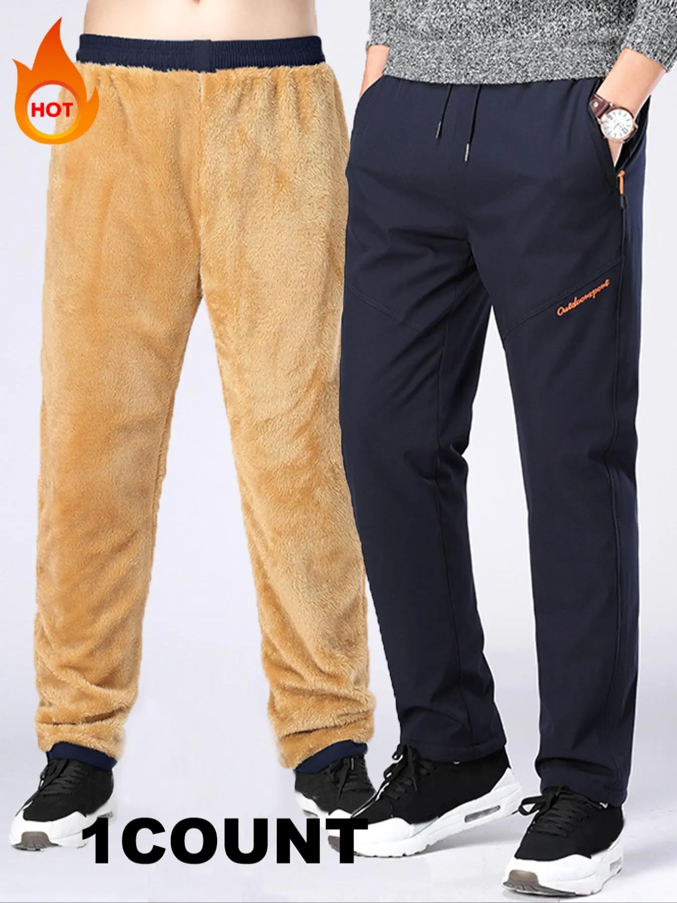 Men's Outdoor Warm Thick Fleece-lined Casual Fitted Pants, Casual Athleisure Pants, windproof, waterproof, breathable Plain Color Pants, Hiking Pants for Fall & Winter, Casual Athletic Trouser Clothes
