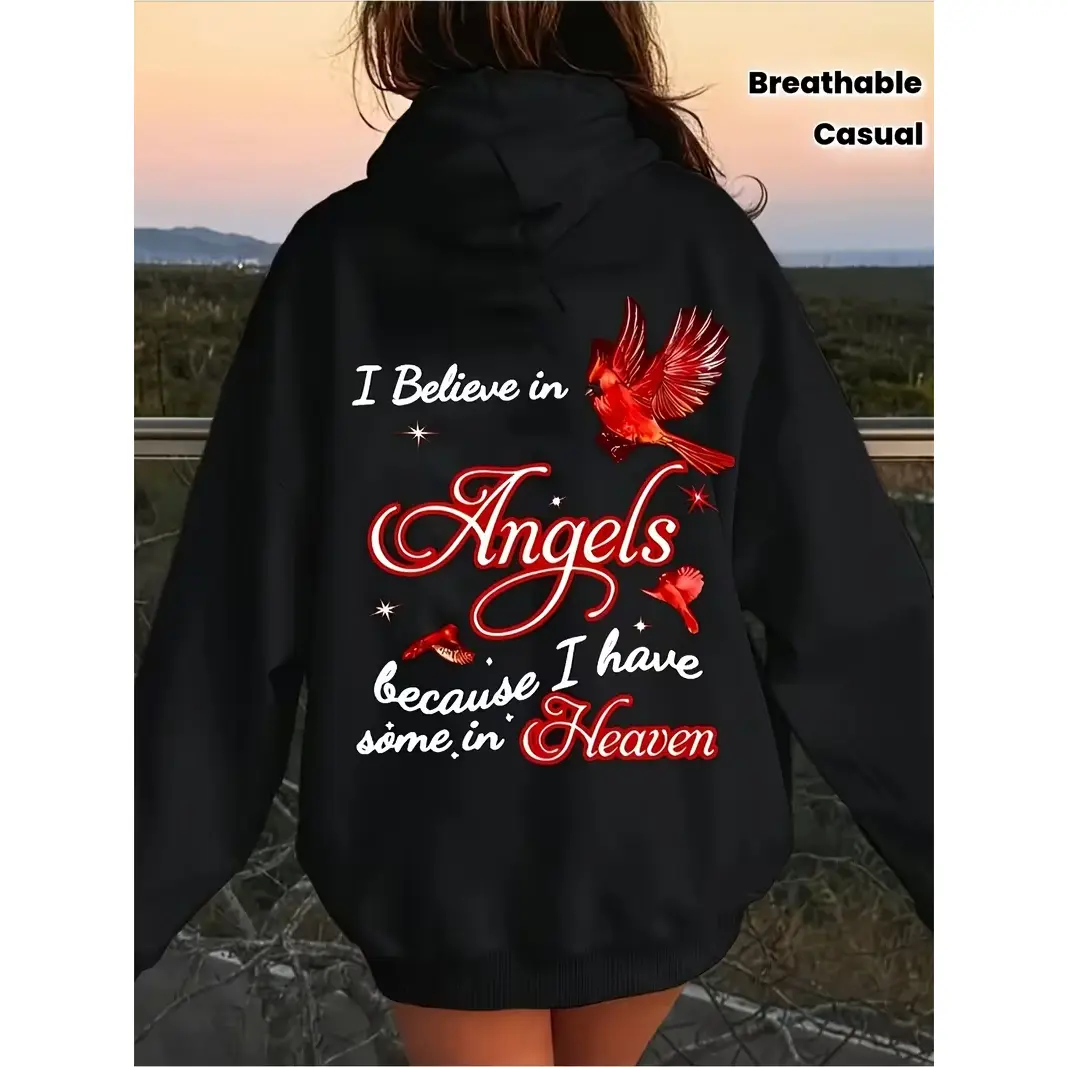 Women's Breathable Loose Oversized Cotton Hoodie Top - Red Cardinal Bird Angel Quote Graphic, Heaven-Inspired Memorial Grief Sweatshirt, Perfect Gift for Lady Mom Wife (Valentine’s Day Holiday Remembrance), Tops, Long Sleeve