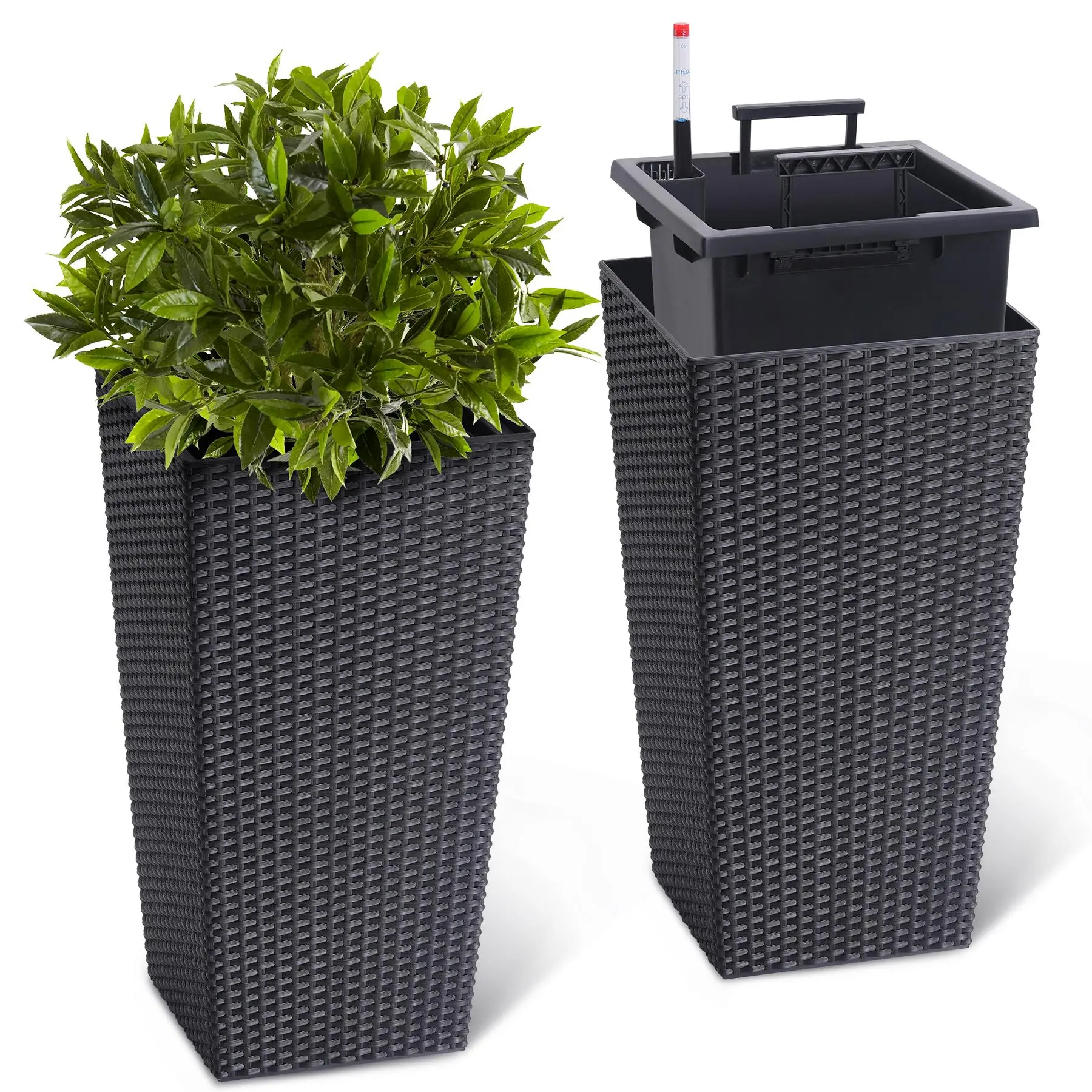 Heavy Duty Tall Wicker Planters, Set of 2 - 22.5" & 16" Large Outdoor Flower Pots with Detachable Liners & Drainage Holes - Modern Patio, Porch, Garden, Indoor Plants Decor