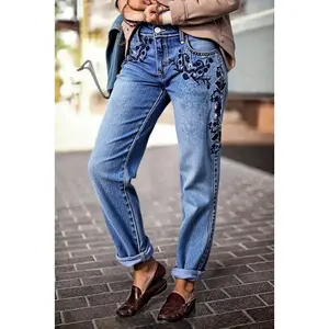 2026 European and American women's jeans with American-style embroidery, trendy high street slim-fit stretch skinny pants