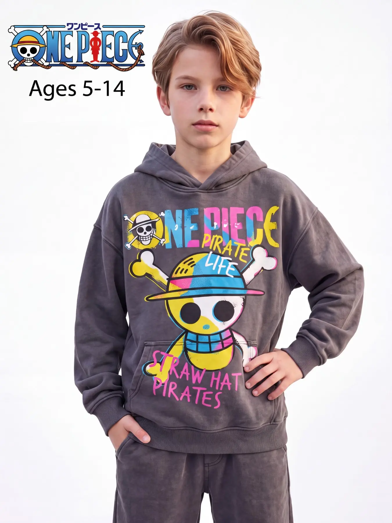Authentic One Piece Anime Hoodie for Boys & Girls 1-14Y, Multi Color Washed Graphic Print Pullover Hoodie With Classic Straw Hat Jolly Roger Graphic, Casual Daily Kids Streetwear