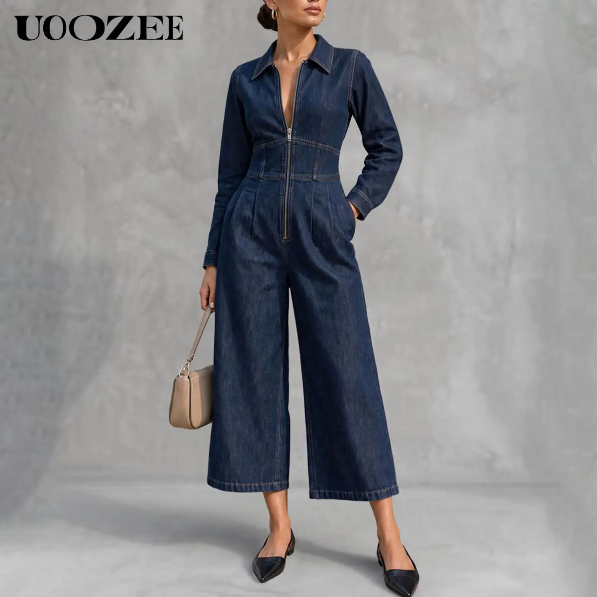 UOOZEE Women New 2026 Fall Barrel Overalls Denim Jumpsuit, Long Sleeve Zip Front Collared Wide Leg Cropped Jumpsuit with Real Pockets, Loose Fit Cotton Blend Casual Streetwear Jumpsuit for Fall Winter