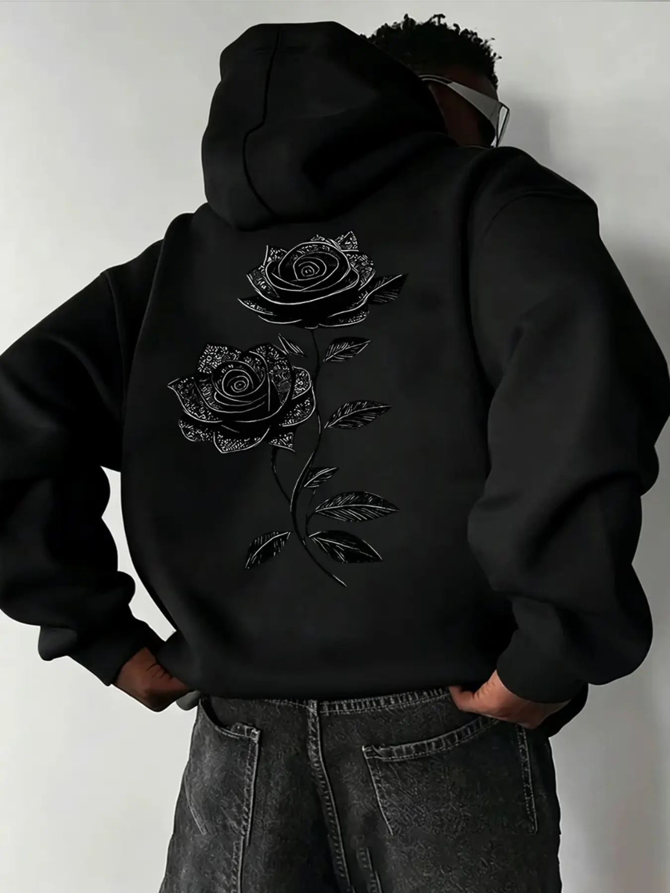 Oversized, Loose, Pocket Drawstring Hoodie, Chest & Back Dual Vintage Black Rose Line Graphic Print Gothic Dark Aesthetic Casual Streetwear Long Sleeve Sweatshirt, Gothic Hooded Sweatshirt