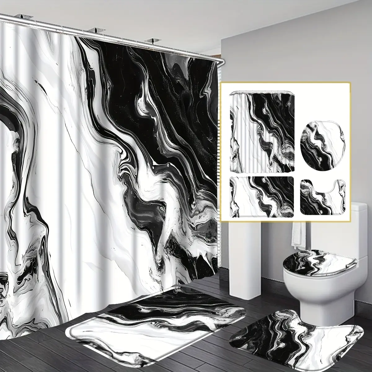 Black and white marble bathroom accessory set, including 4 pieces: shower curtain, non-slip, toilet cover and U-shaped storage rack. Designed with modern abstract art, Bathroom Decor, Shower Curtain Sets