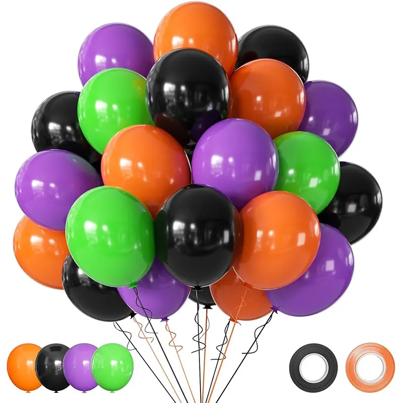Halloween Party Balloons Set, 50Pcs 12 Inch Black Orange Purple Green Latex Balloons for Birthday, Halloween Party Decorations