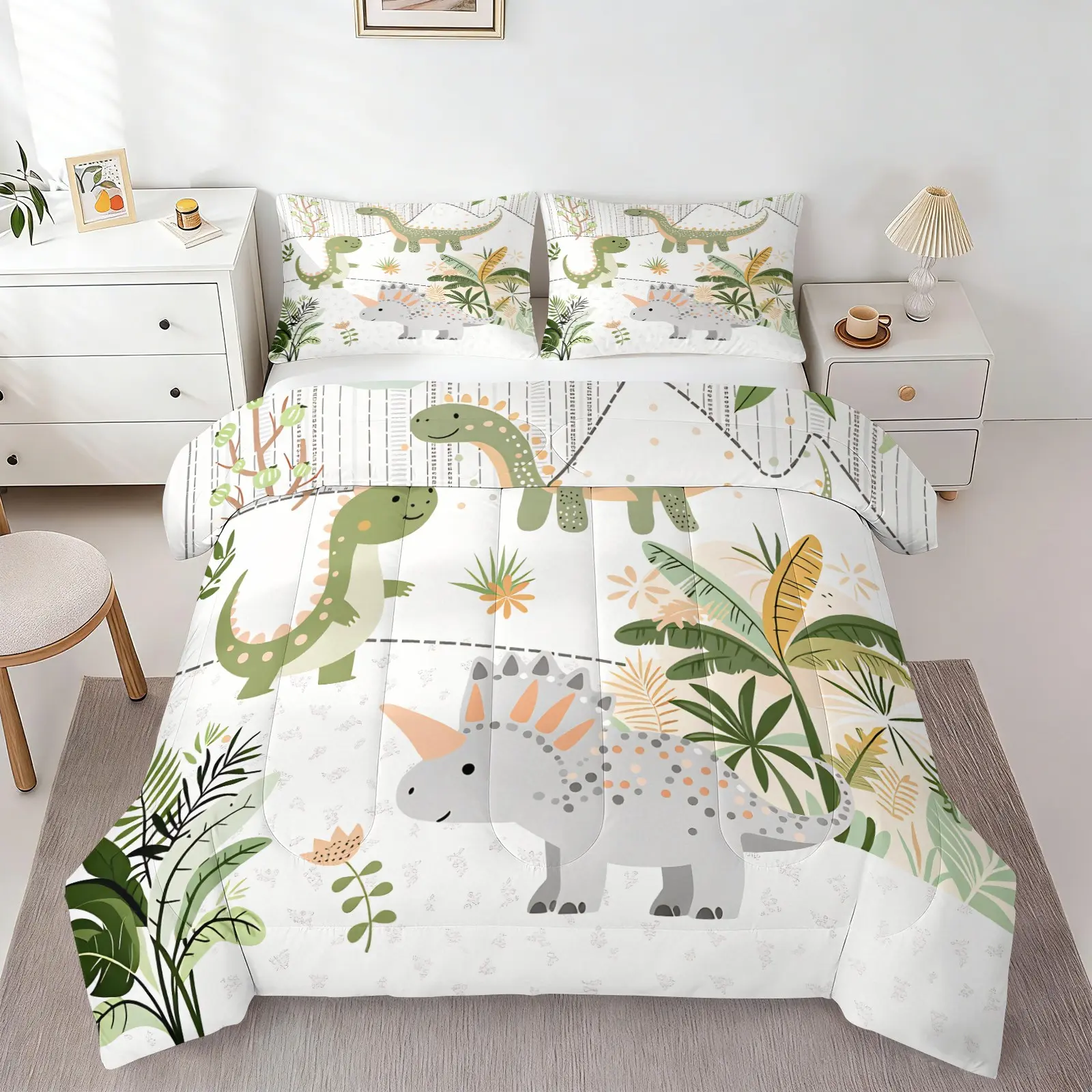 Cute Cartoon Dinosaur Comforter Set (1 Comforter + 1-2 Pillowcases), Soft Comfy Washable Bed Set, Soft Breathable Bedding, Sage Green Tropical Palm Leaf Triceratops Dino Bedding for Boys Toddlers, Lightweight All Season Kids Bedroom Decor Quilt