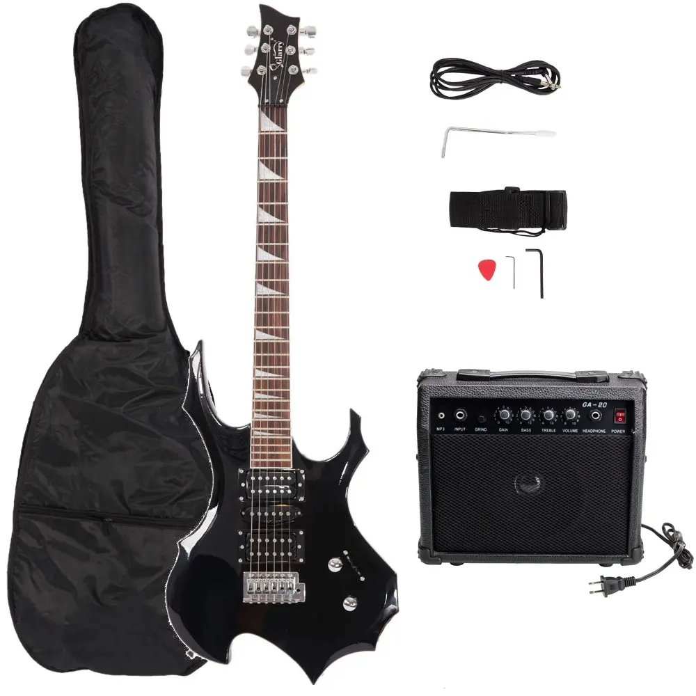 Right-Handed Electric Guitar Kit for Rock & Blues, 20W Amplifier, Flame-Shaped HSH Pickup, 24 Frets, Tremolo Bridge, Bag, Shoulder Strap, Cable, Guitar Pick, Wrench Tool (Beginner-Focused)