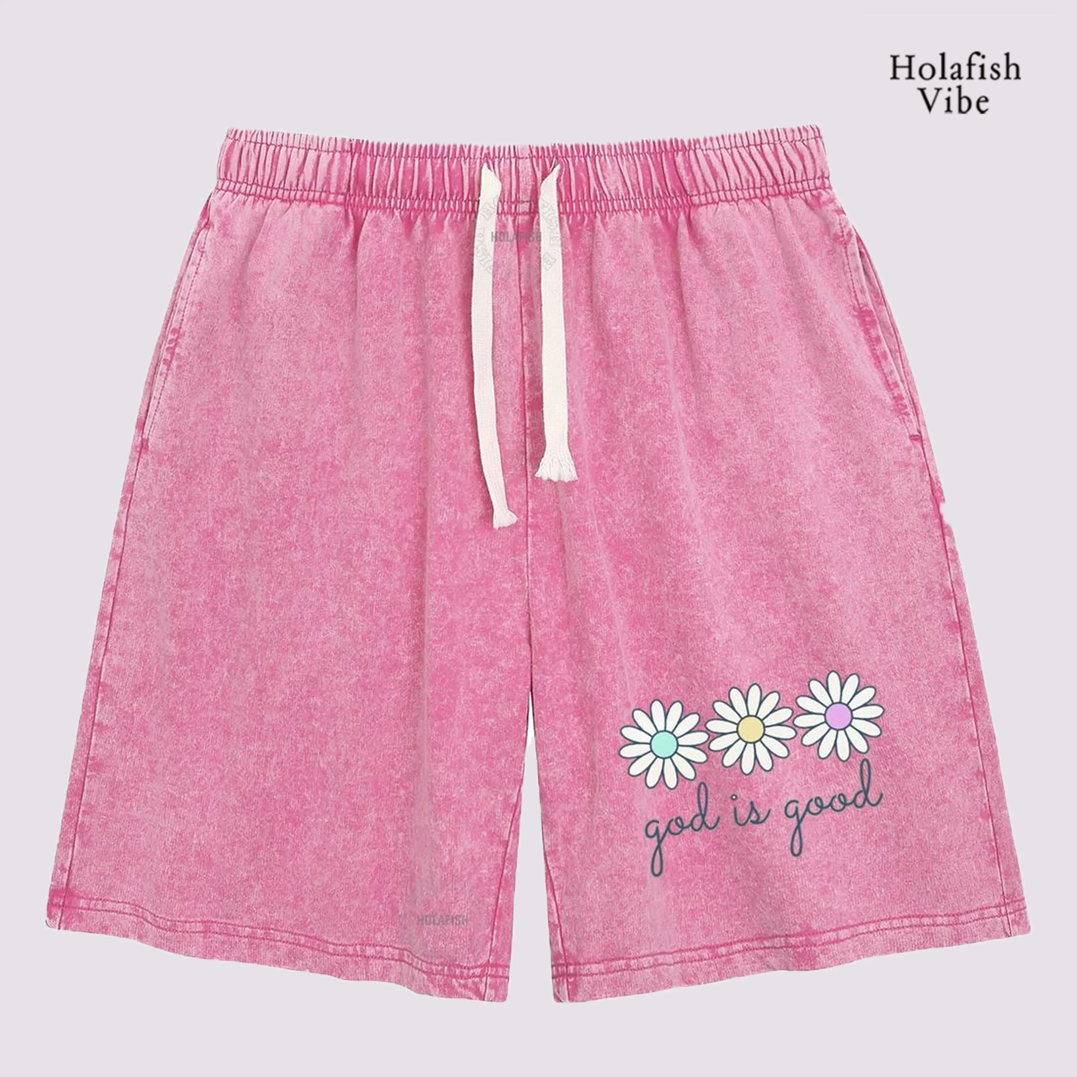 Holafish Women's Retro Acid-Washed Cotton Elastic Flat Casual Shorts - Floral Print Flowers, Loose-Fit Comfortable Streetwear Bottoms, Machine Washable Summer Everyday Vibe Style Essentials