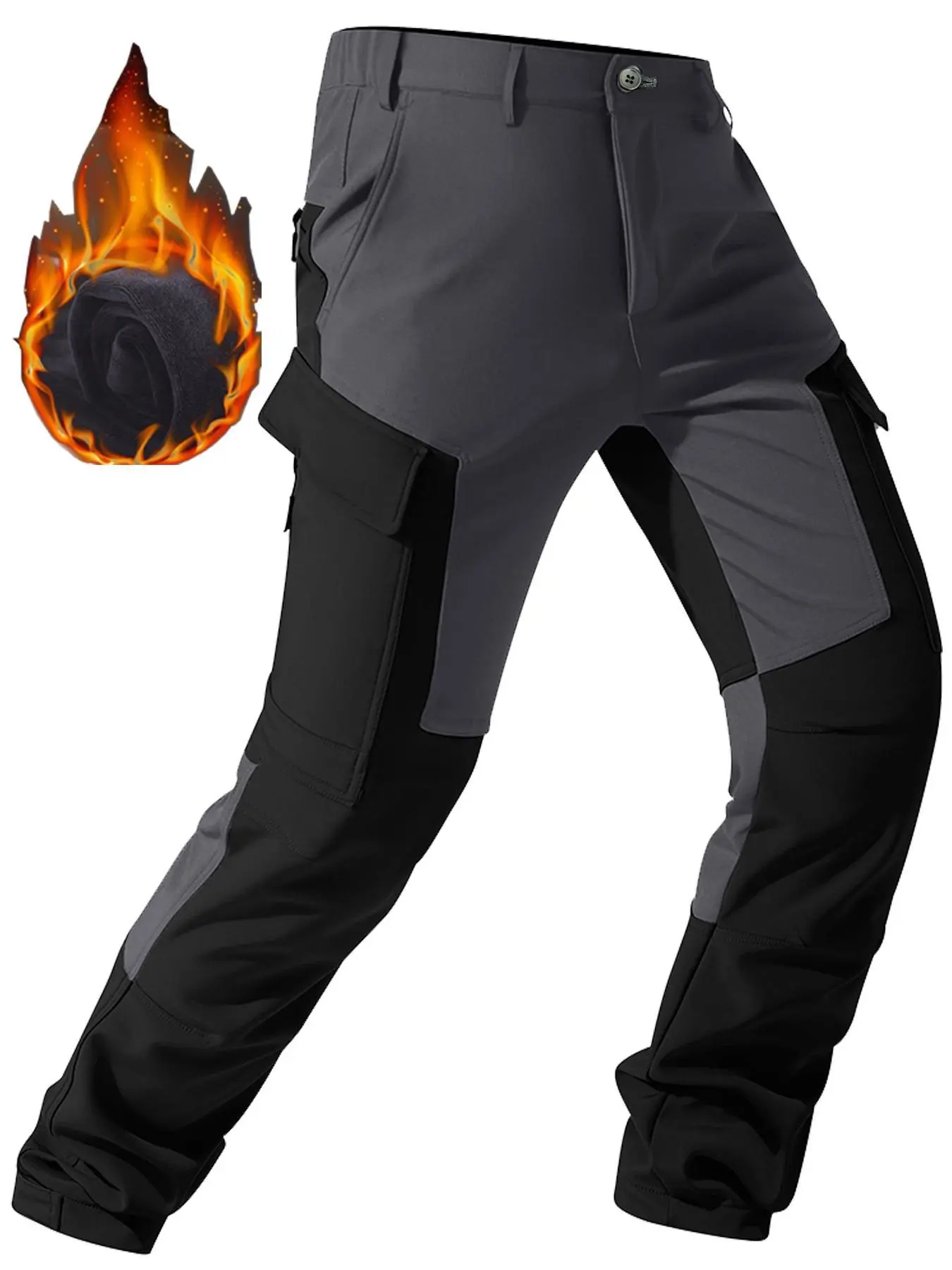 Men's Waterproof Work Pants, Autumn Winter Fleece Lined Long Overalls, Outdoor Activities, Color Block Design, Multiple Pockets