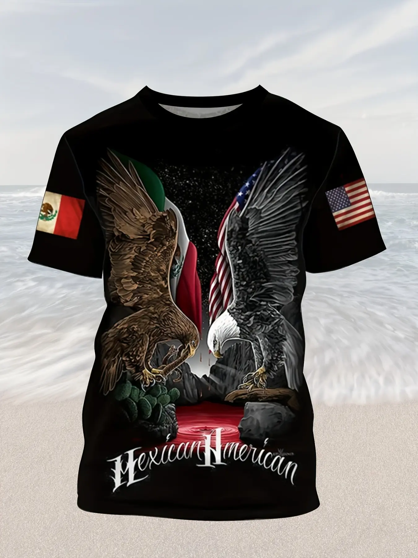 Mexican American Flag T-Shirt with Dual Eagle Print, Graphic Printed Tee, Casual Streetwear Short-Sleeve Unisex Long Top, Loose-Fit Baggy Collarless Top for All Seasons