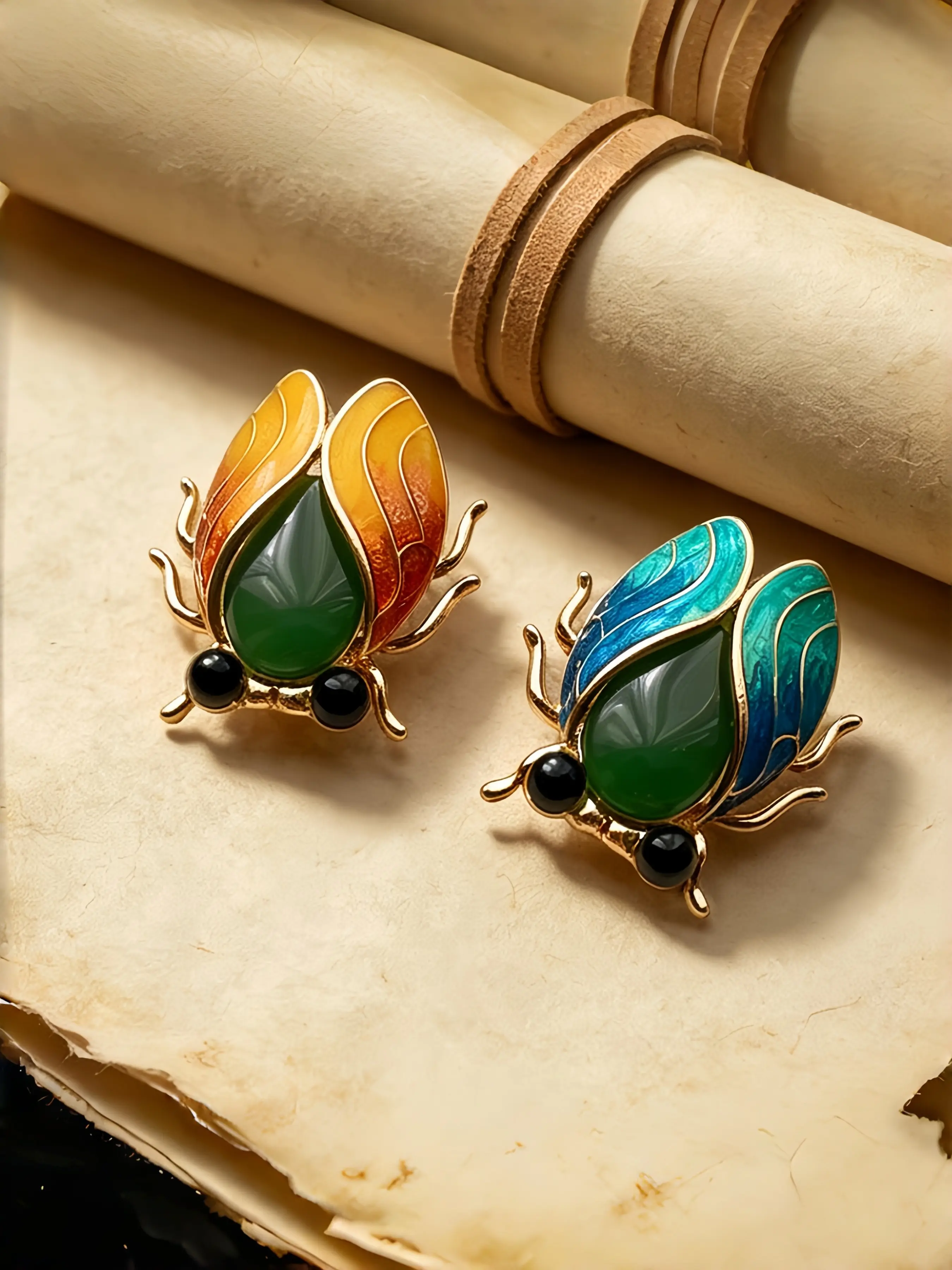Oriental Cicada Enamel Brooch, Vintage Gold Tone Lapel Pin with Inlaid Green Stones, Retro Decorative Accessory for Suits Scarves Hanfu, All Season Elegant Gift Brooch Pins