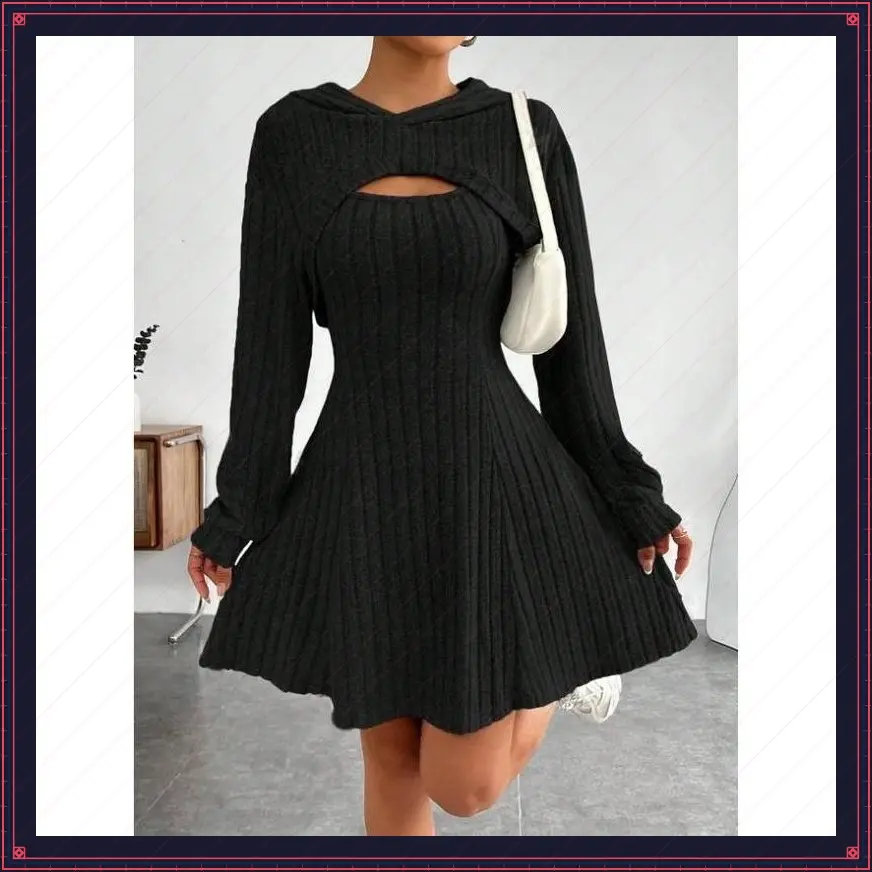 Solid Color Ribbed Dress Set for Women - Long Sleeve Hoodie, Shrug Top & Sleeveless A-line Tank Dress, Casual Elegant Black Chic Outfits - Comfort Womenswear Summer