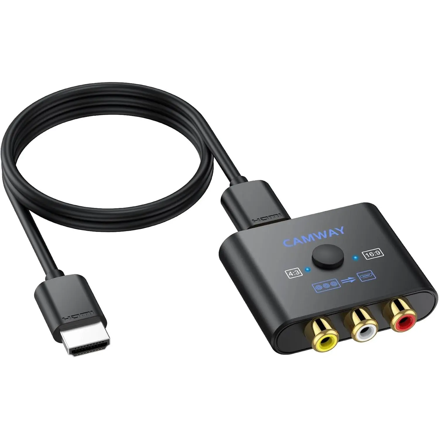 CAMWAY RCA to HDMI Converter - 16:9/4:3 Conversion 1080P AV to HDMI Adapter for Wii/PS1/PS2/N64/X-box/DVD/VCR,Composite CVBS Video Audio Converter with HDMI Cable Supports PAL,NTSC