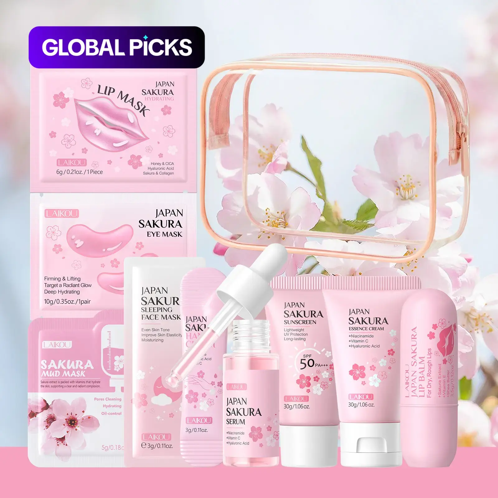 LAIKOU Japan Sakura 9-in-1 Portable Travel Skin Care Set, Hydrating & Moisturizing Kit, Daily Sun Protection and Moisturizer, Facial Care Set, Routine Set #GLOBAL PICKS