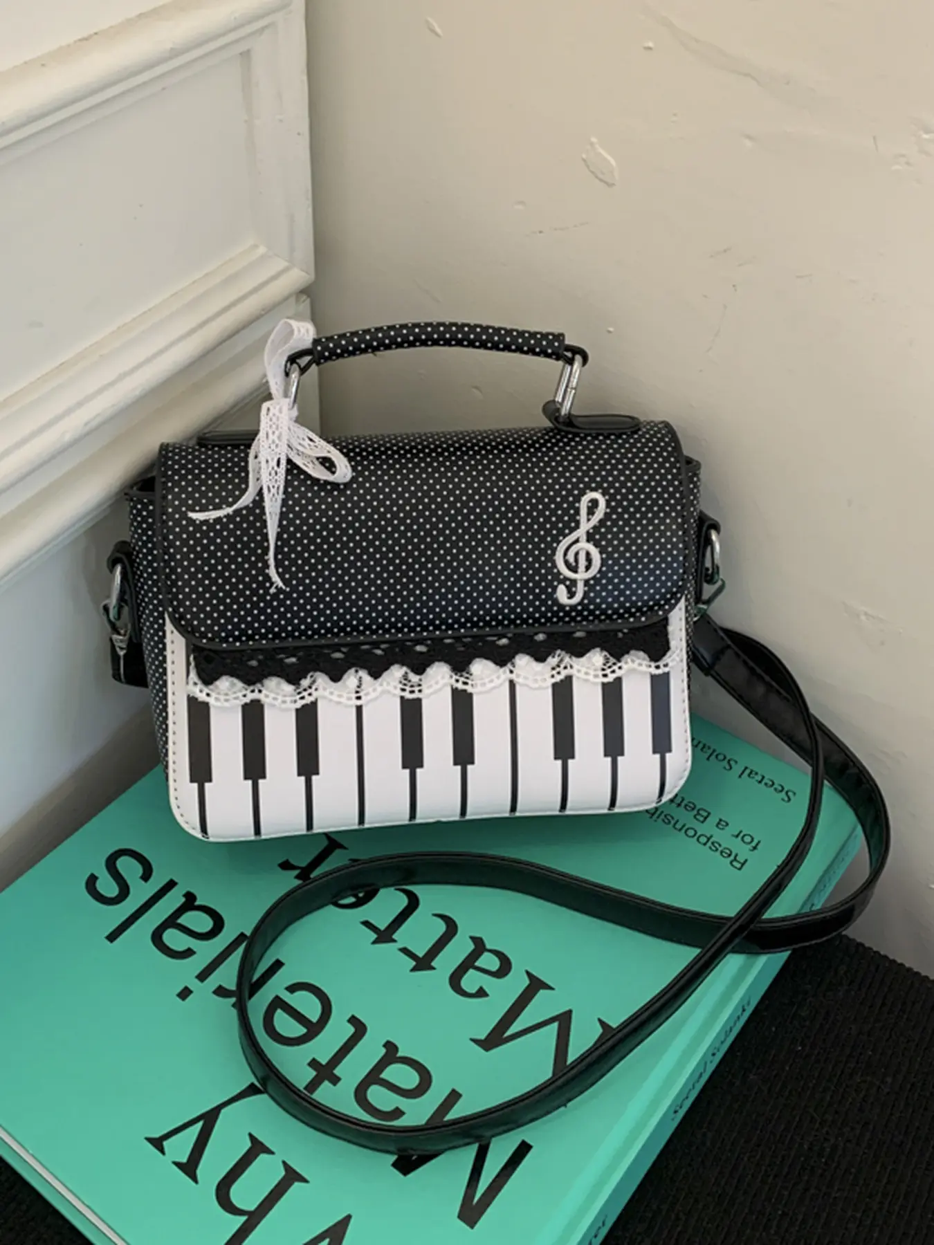 Trendy New Sweet Girl Polka Dot Piano Key Small Tote Bag Lace Bowtie Shoulder Bag Daily Casual Crossbody Bag Casual Handbag For Ladies