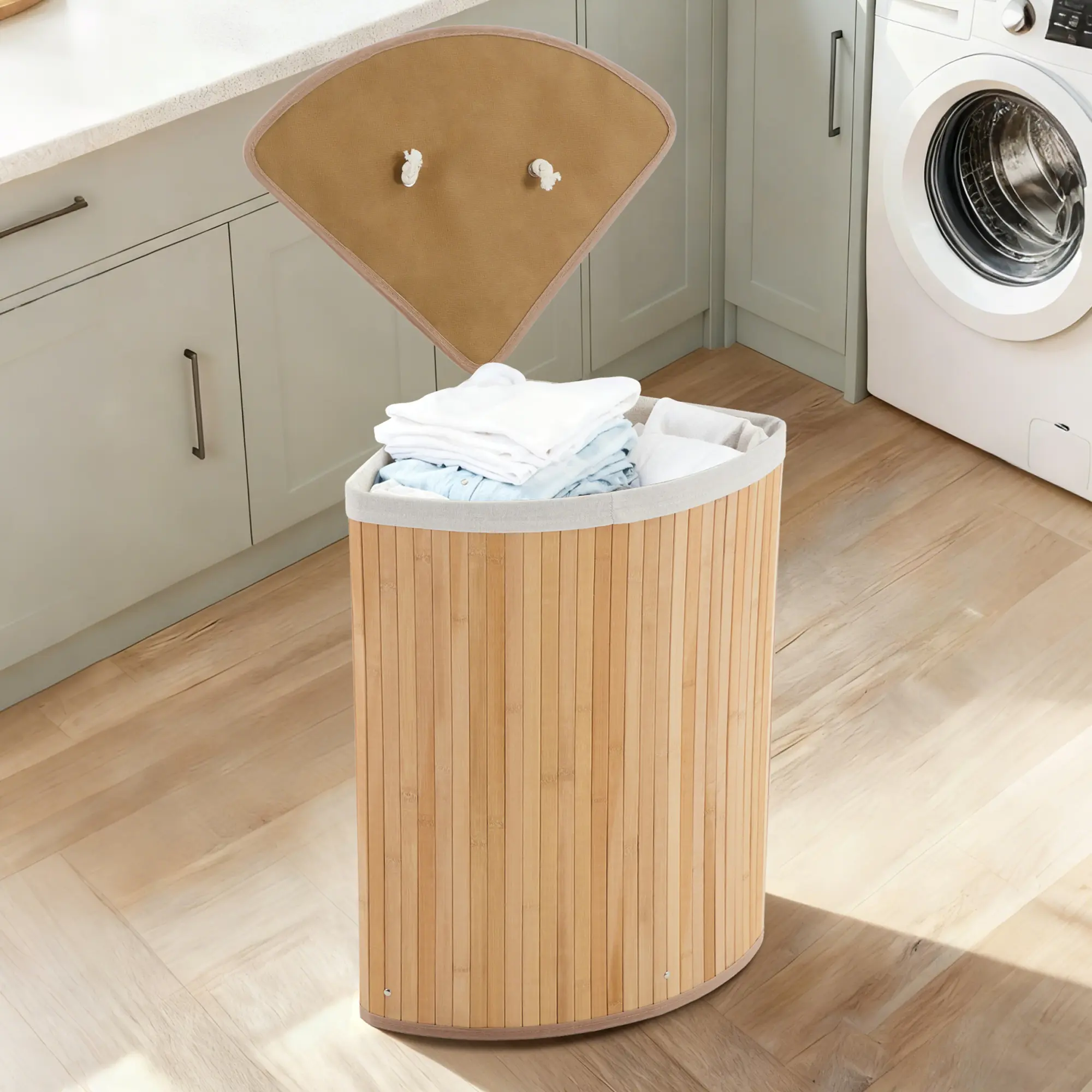 Corner Bamboo Laundry Hamper with Lid,Large Foldable Basket Storage Bin with Washable Liner Bag&Handle,Idea for Bedroom, Bathroom, Laundry