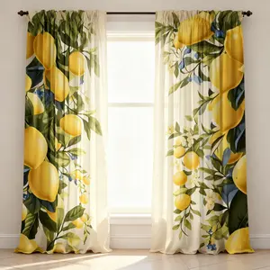 2 Piece Lemon Curtain Set, Realistic Lemon Tree Pattern, Living Room Kitchen Drapes, Privacy Sheer, Easy Hang Pocket Design, Modern Home Decor