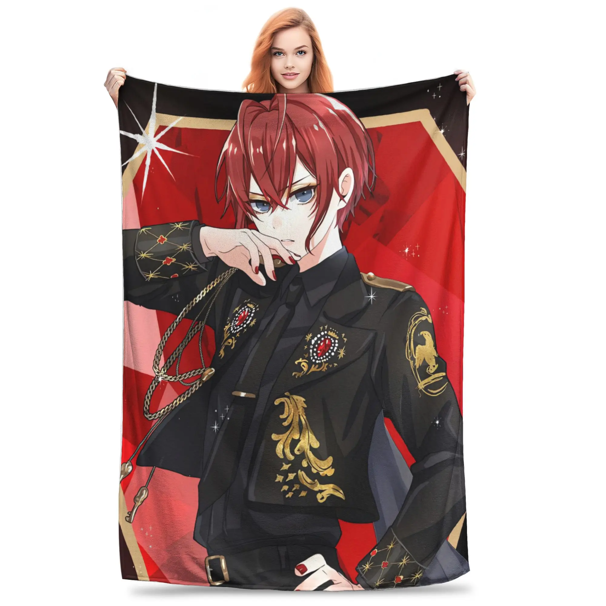 Twisted Wonderland Riddle Rosehearts Fleece Throw Blanket - Fleece Fabric, Gilded Embroidered Formal Suit Design, Red Sparkle Geometric Stars Backdrop, Lightweight Soft, Multi-Size, Regal Glamour Decor Gift for Otome Game Fans
