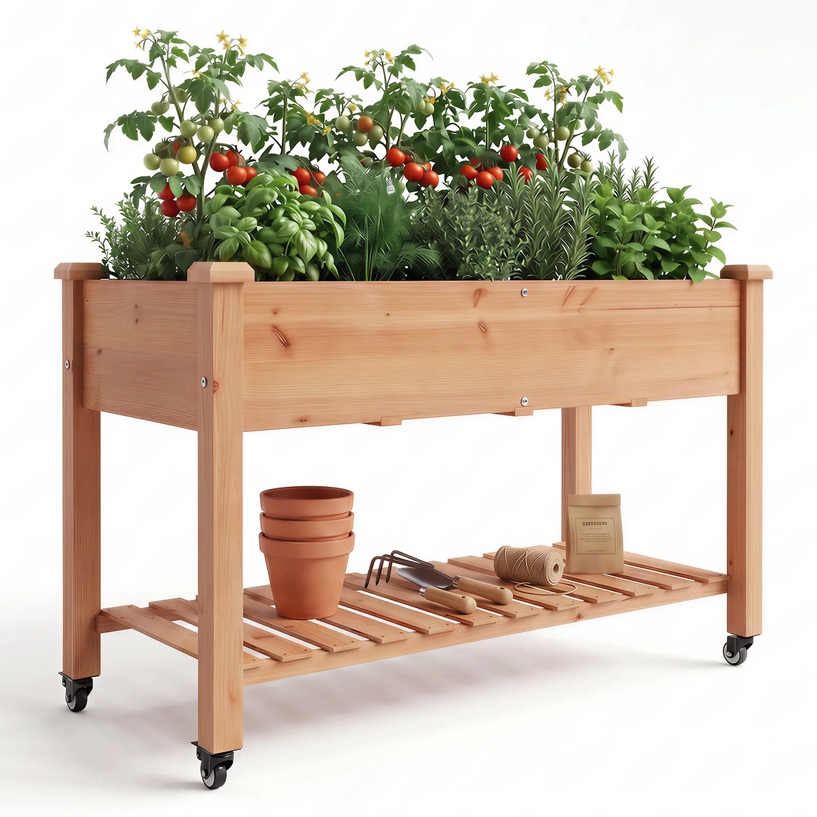 Mobile Elevated Wooden Raised Garden Bed with Rolling Wheels & Storage Shelf, Outdoor Standing Patio Planter Box for Vegetables, Herbs, Flowers, Fit Backyard Deck Balcony