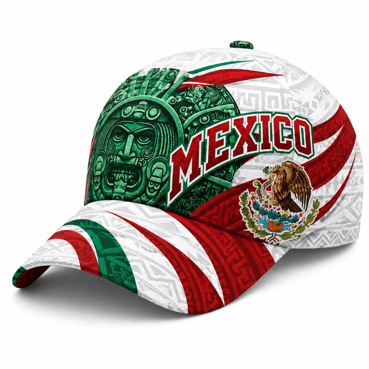 Mexico Graphic Baseball Cap for Men Women, Red Green White Curved Brim Hat with Eagle Emblem, Heritage Face Pattern & Stripe Printed Design, Lightweight Polyester Fabric, Unisex Casual Streetwear Travel Festival Hat