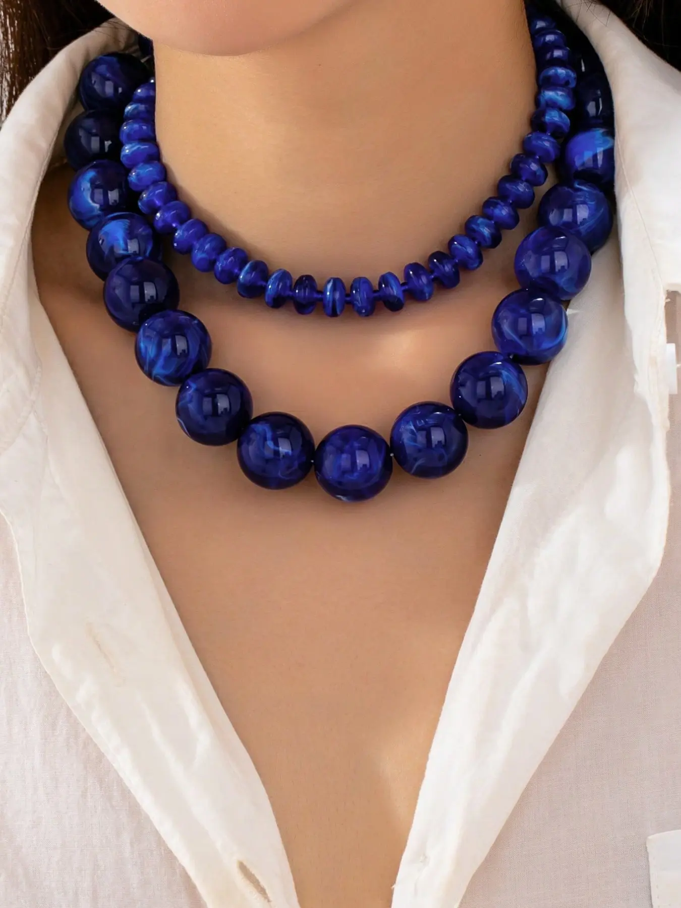 2Pcs Layered Navy Blue Bold Resin Beaded Necklaces Set for Women - Oversized Ball Choker, Flat Disc Beads Necklace Layering Boho Jewelry
