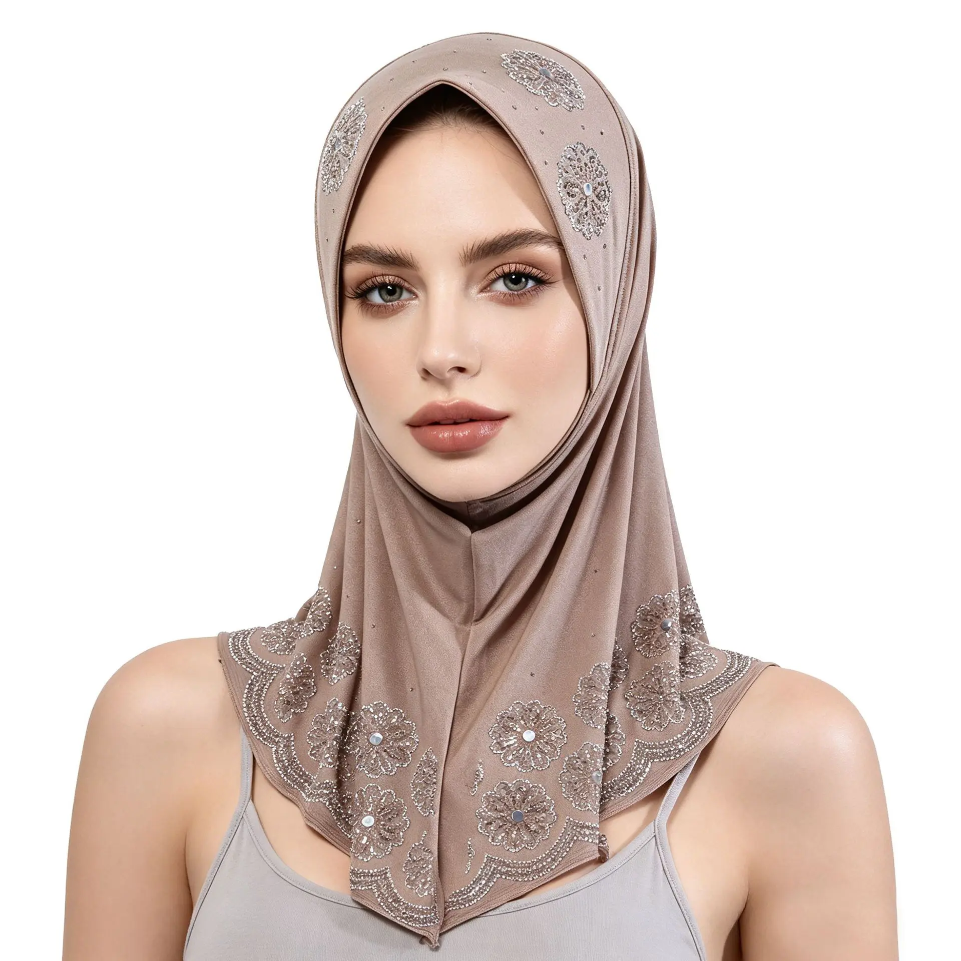 Viral Rhinestone Floral Embroidered Breathable Stretch Jersey Pull-On Khimar - Breathable Skull Cap, Full Neck Cover, Modest Party Prayer Sports Headband