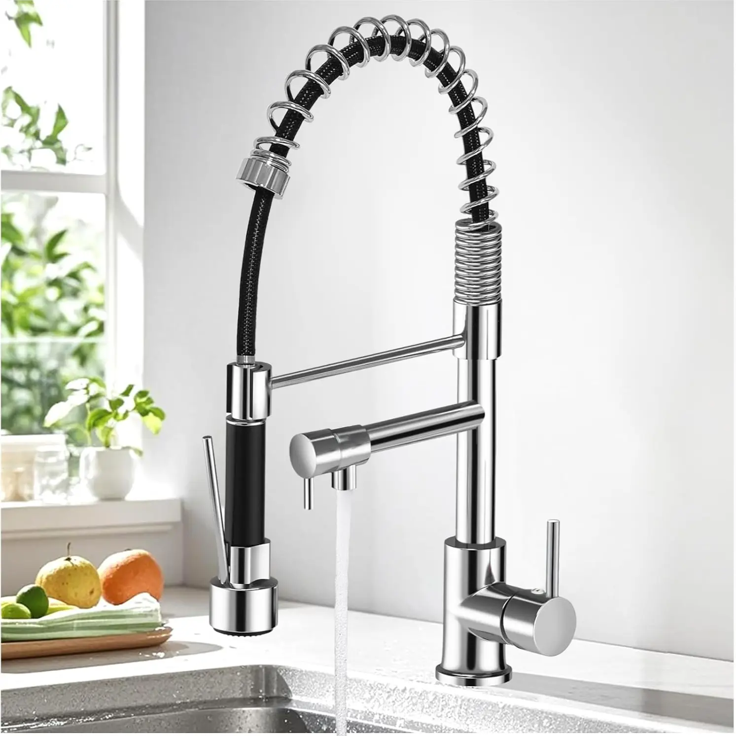 Modern High-Arc Single Handle Kitchen Faucet, Pull-Down Sprayer, Kitchen Faucets With Pull Down Sprayer, Stainless Steel, 360-Degree Adjustable Nozzle, Polished Chrome Finish